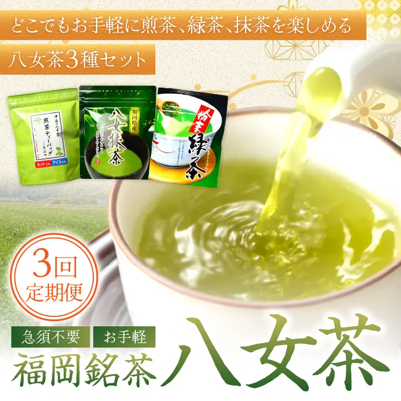 【3回定期便】福岡銘茶八女茶　急須要らずのお手軽セット【001-0364】