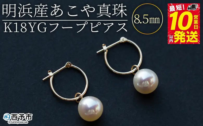 明浜産あこや真珠8.5mm K18Ygフープピアス APR0002