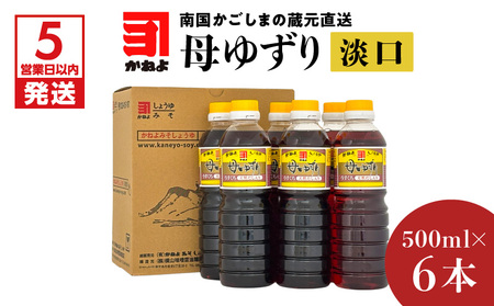 【 5営業日以内に発送 】「 かねよみそしょうゆ 」 南国 かごしま の 蔵元 直送 母ゆずり淡口 500ml×6本セット K058-007_02 調味料 スピード配送 最短 すぐ届く お急ぎ