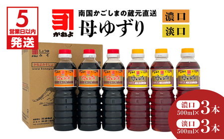【 5営業日以内に発送 】「 かねよみそしょうゆ 」 南国 かごしま の 蔵元 直送 母ゆずり濃口・淡口 500ml×6本セット K058-007_03 調味料 スピード配送 最短 すぐ届く お急ぎ