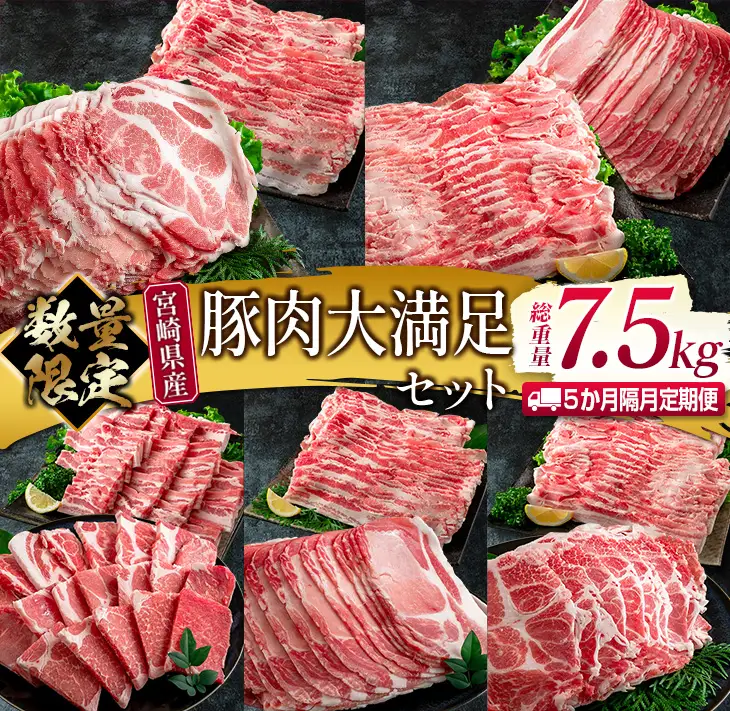 数量限定 5か月 お楽しみ 隔月 定期便 豚肉 大満足 セット 総重量7.5kg ポーク 国産 宮崎県産 しゃぶしゃぶ スライス 焼肉 大容量 豚ロース 豚肩ロース 豚バラ 豚しゃぶ 食品 おかず おつまみ お弁当 食べ比べ 詰め合わせ BBQ おすすめ 日南市 送料無料_JG2-23