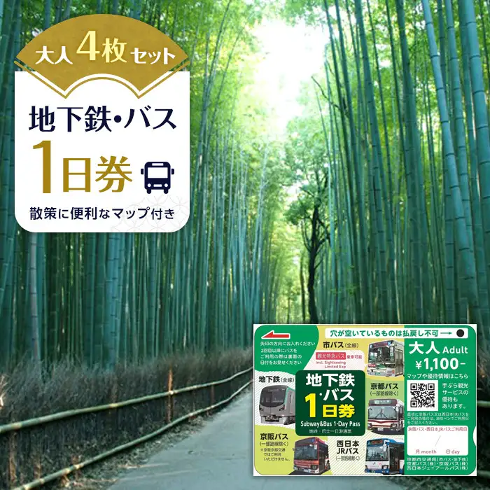 【京都市交通局】地下鉄・バス１日券（大人券４枚セット）｜電車 バス 乗車 1日 チケット