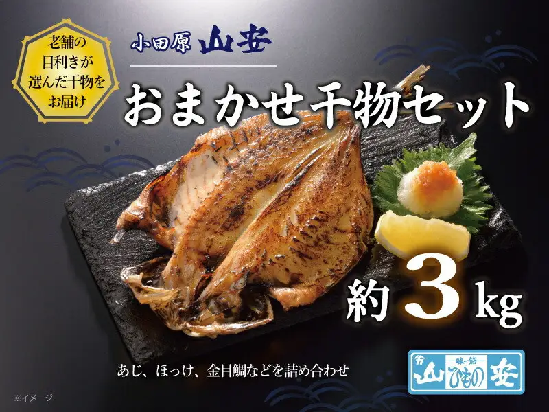 【 小田原 山安 】 おまかせ干物セット 約3kg 【 縞ほっけ開き干し 金目鯛開き干し 真あじ開き干し 赤魚開き干し さば半身干し かます開き干し 干物 大容量 詰合せ 神奈川県 小田原市 干物】