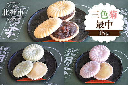 三色菊最中１５個入り　最中 和菓子 お茶菓子 セット 数量限定 計15個入り 小豆粒餡 白餡 柚子餡 贈答品 引菓子 お供え物 山梨県 北杜市 ギフト 人気 バレンタイン チョコ以外 ホワイトデー お返し [h279]