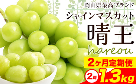 【2026年先行予約】シャインマスカット 晴王 岡山県産 定期便 2ヶ月 9月・10月発送《2026年9月中旬-10月中旬頃出荷》2房 1.3kg 晴レ乃青果　(岡山中央卸売市場店(富士紙工 有限会社)) 岡山県 浅口市 【配送不可地域あり】