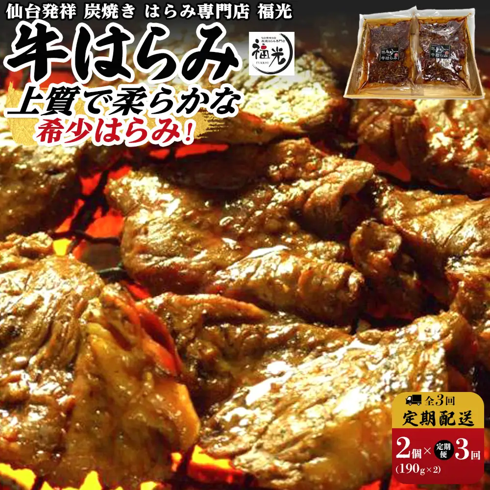 【3回定期便】仙台発祥炭焼きはらみ専門店　福光の牛はらみ190g×2個