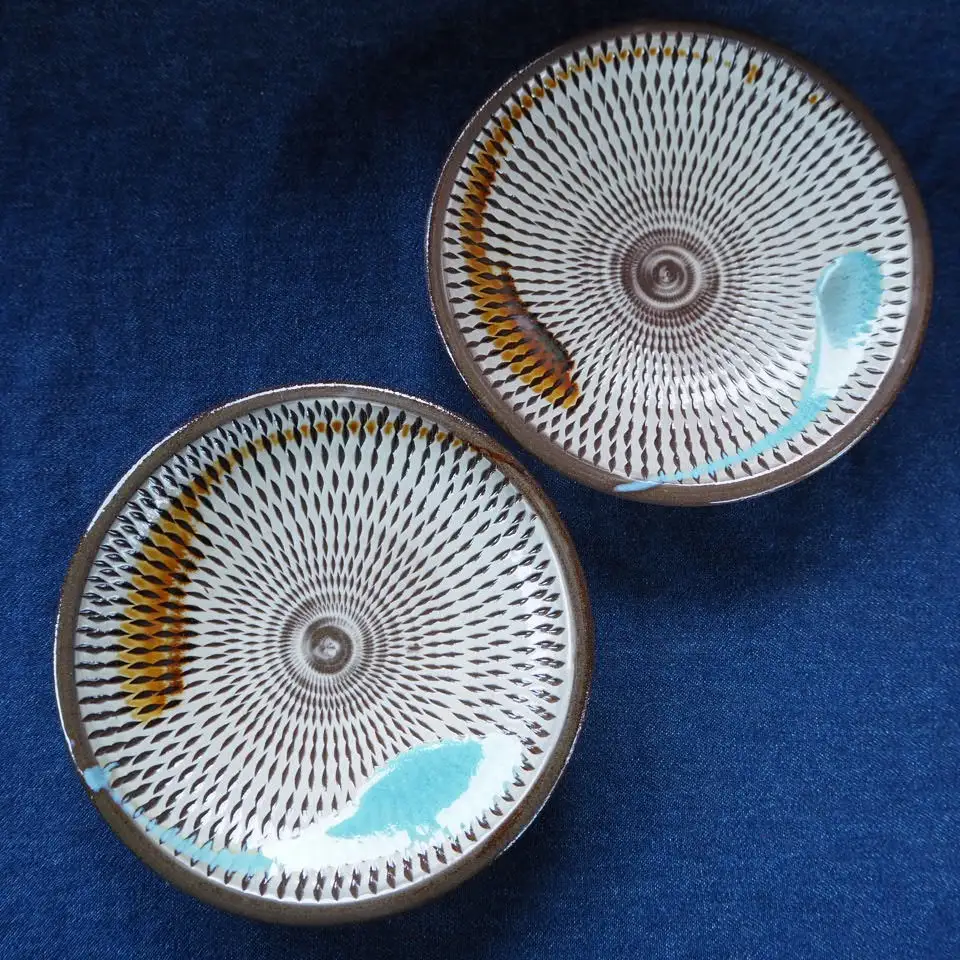 小石原焼飛鉋打掛五寸皿２枚セット直径約15cm（金丸窯） H40