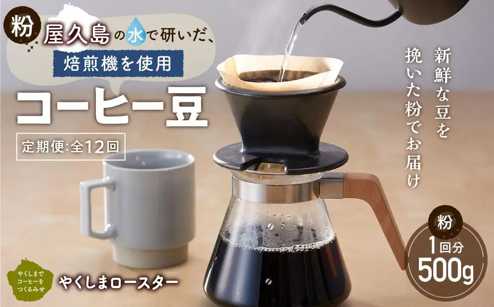 【定期便 全12回】【粉】屋久島の水で研いだ（焙煎機を使用した）コーヒー（1回分500g）＜やくしまロースター＞