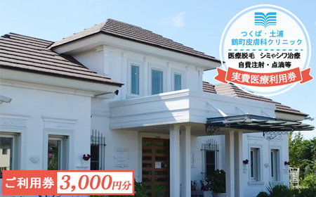 つくば・土浦鶴町皮膚科クリニックの自費医療利用券 3,000円分 ※離島への配送不可 ｜医療脱毛 レーザー 光治療器 シミ治療 超音波 HIFU ハイフ タルミ治療 ボツリヌストキシン注射 ヒアルロン酸 シワ治療 ハイドラジェントル フラクショナルレーザー 毛穴 ニキビ跡治療 美肌 点滴 