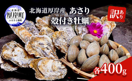 訳あり 北海道 厚岸産 砂抜き済み あさり400g ＆ 殻付き 牡蠣  400g 【光輝】 [ 魚貝類 海鮮 海の幸 みそ汁 酒蒸し アサリバタ 産地直送 生食用牡蠣 生食用 牡蠣 カキ ］