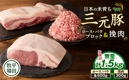 日本の米育ち平田牧場 三元豚ロースブロック（600g）・バラブロック（600g）・挽肉（300g）計1.5kg　T036-010 肉 豚肉
