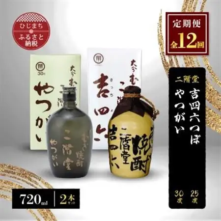 【毎月定期便】二階堂吉四六つぼ25度とやつがい30度(720ml)2本セット 全12回_大分むぎ焼酎 二階堂 麦焼酎 焼酎 酒 酒セット 焼酎セット  飲み比べ  まとめ買い 酒の定期便_【4009964】