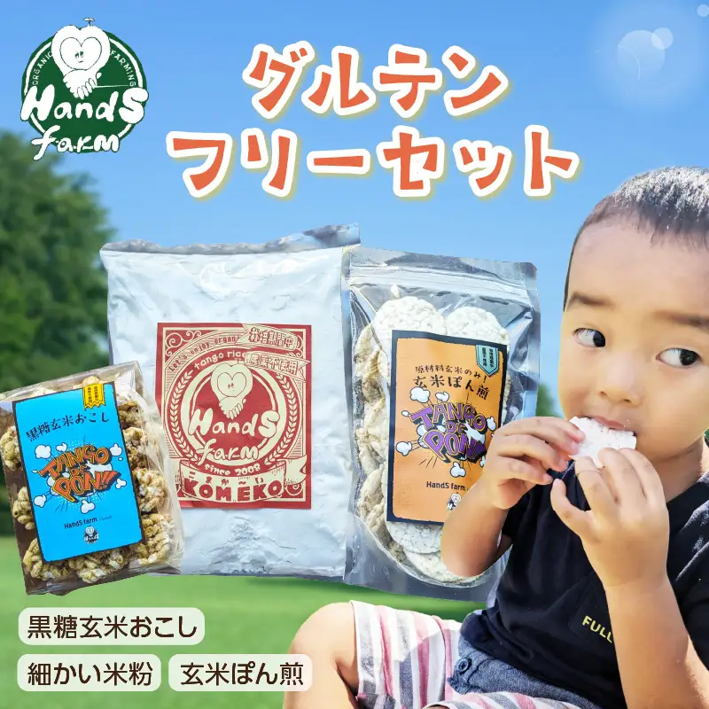 ハンズファーム グルテンフリーセット (細かい米粉500g1袋×黒糖玄米おこし60g1袋×玄米ぽん煎餅50g１袋)　ポン菓子 焼菓子 米菓 せんべい グルテンフリー 米粉 離乳食 ハンズファーム おやつ お米 玄米 駄菓子 子ども 黒糖 お菓子 送料無料 京都 国産 健康