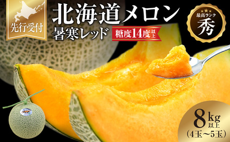 北海道メロン 暑寒レッド 4～5玉 (8kg以上×1箱) 2026年9月発送赤肉  果物 フルーツの王様 春 夏 秋 冬 御中元 フルーツ 生ハム パフェ ケーキ デザート メロン ピューレ めろん さっぱりした甘み お取り寄せ 北海道 雨竜町 送料無料