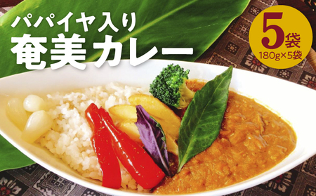 パパイヤ入り奄美カレー 5袋 A003-008 鹿児島 奄美市 奄美大島 レトルトカレー チキンカレー 島ウコン 青パパイヤ入り 島料理 島じゅうりまごころ便パッケージ 湯せん 加熱