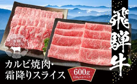 飛騨牛 カルビ(焼肉)・霜降りスライス 600g（150g×各２パック） 冷凍真空パック | 肉 牛肉 焼肉 すき焼き しゃぶしゃぶ 小分け 人気 おすすめ ギフト お取り寄せ【飛騨高山ミート MZ016】