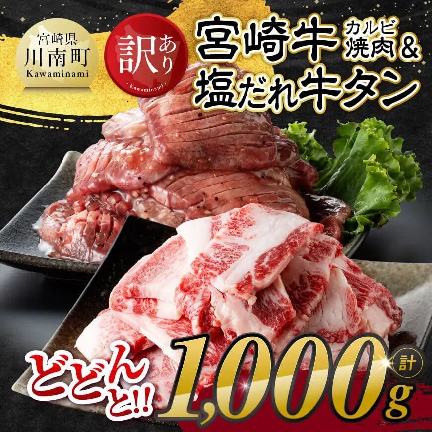 【令和8年6月発送】【訳あり】 宮崎牛 カルビ焼肉＆塩だれ牛タン 計1,000g 肉 牛肉カルビ 牛肉たん 厚切り牛肉 味付き牛肉 BBQ 焼肉 焼くだけ牛肉 牛肉おかず 簡単調理牛肉