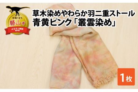 草木染めやわらか羽二重ストール 青黄ピンク 叢雲染め [B-053006]