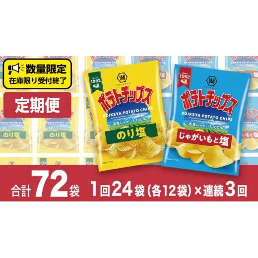 【 湖池屋 3ヶ月 定期便 】 湖池屋 ポテトチップス 2種類アソート （のり塩・じゃがいもと塩）（各12袋・計24袋 ×３回）