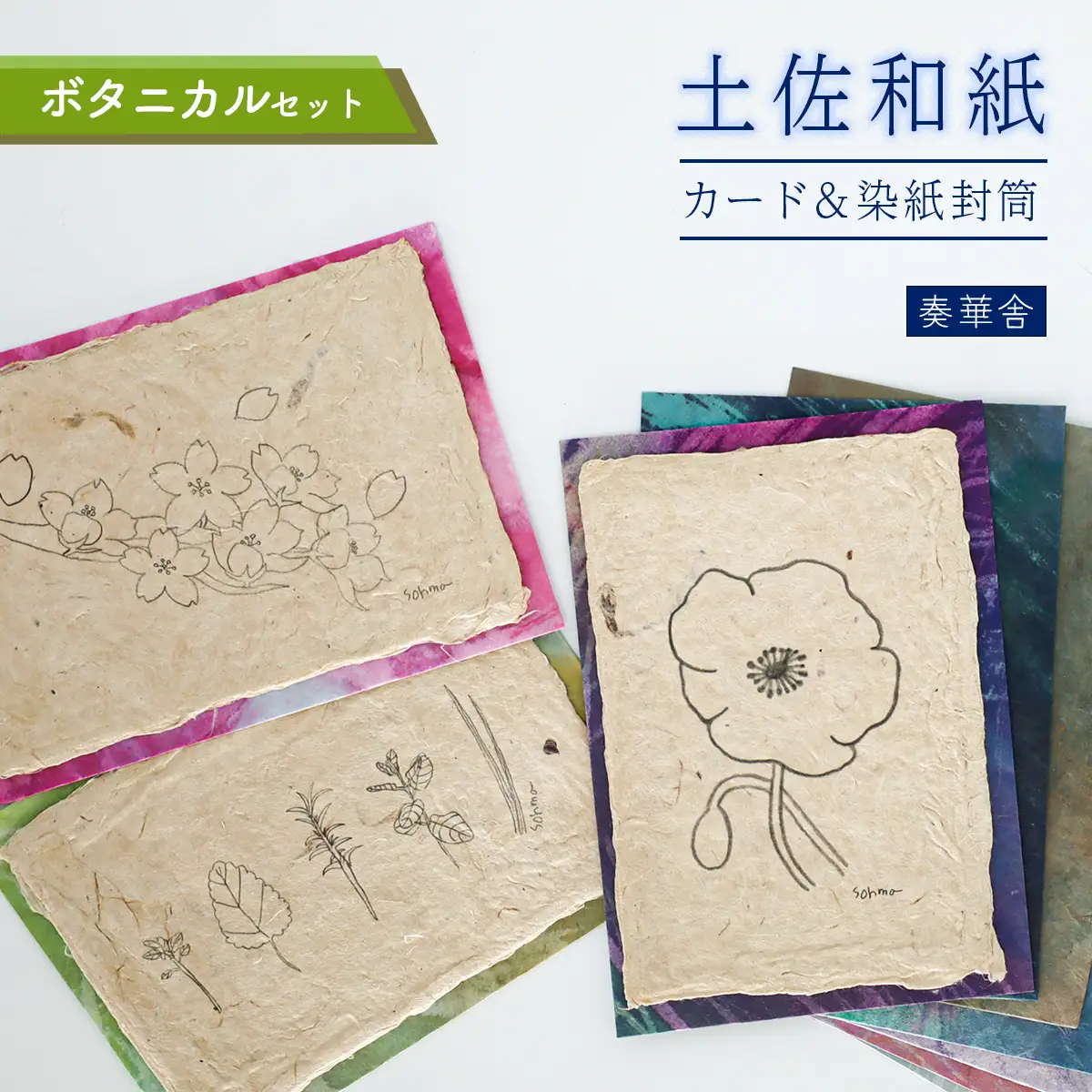 【奏華舎】土佐和紙カード＆染紙封筒セット（ボタニカル / アソート３種）