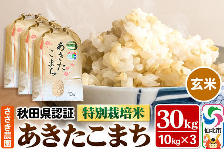 あきたこまち（玄米）10kg×3袋 計30kg 米 令和7年産 秋田県認証 特別栽培米　玄米30kg　あきたこまち30kg