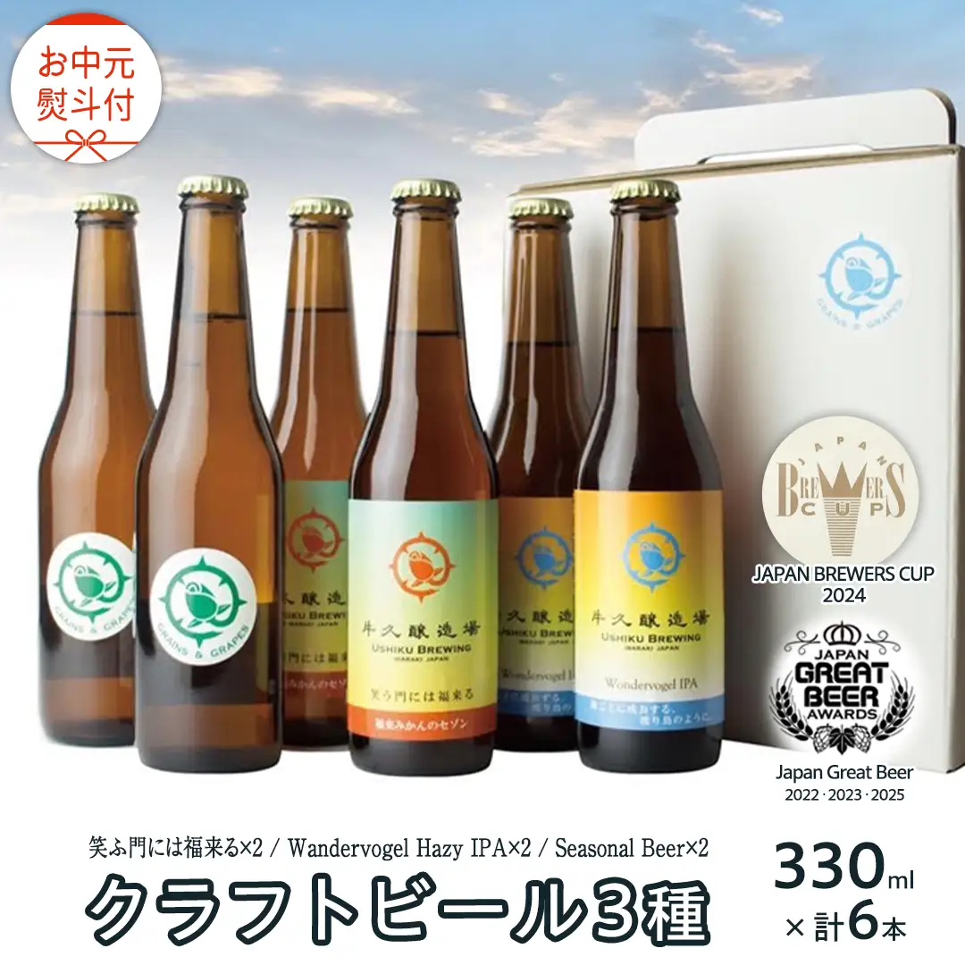 【 お中元 熨斗付 】 2年連続！《 ジャパン・グレートビア・アワーズ 受賞 》クラフトビール3種 計 6本セット