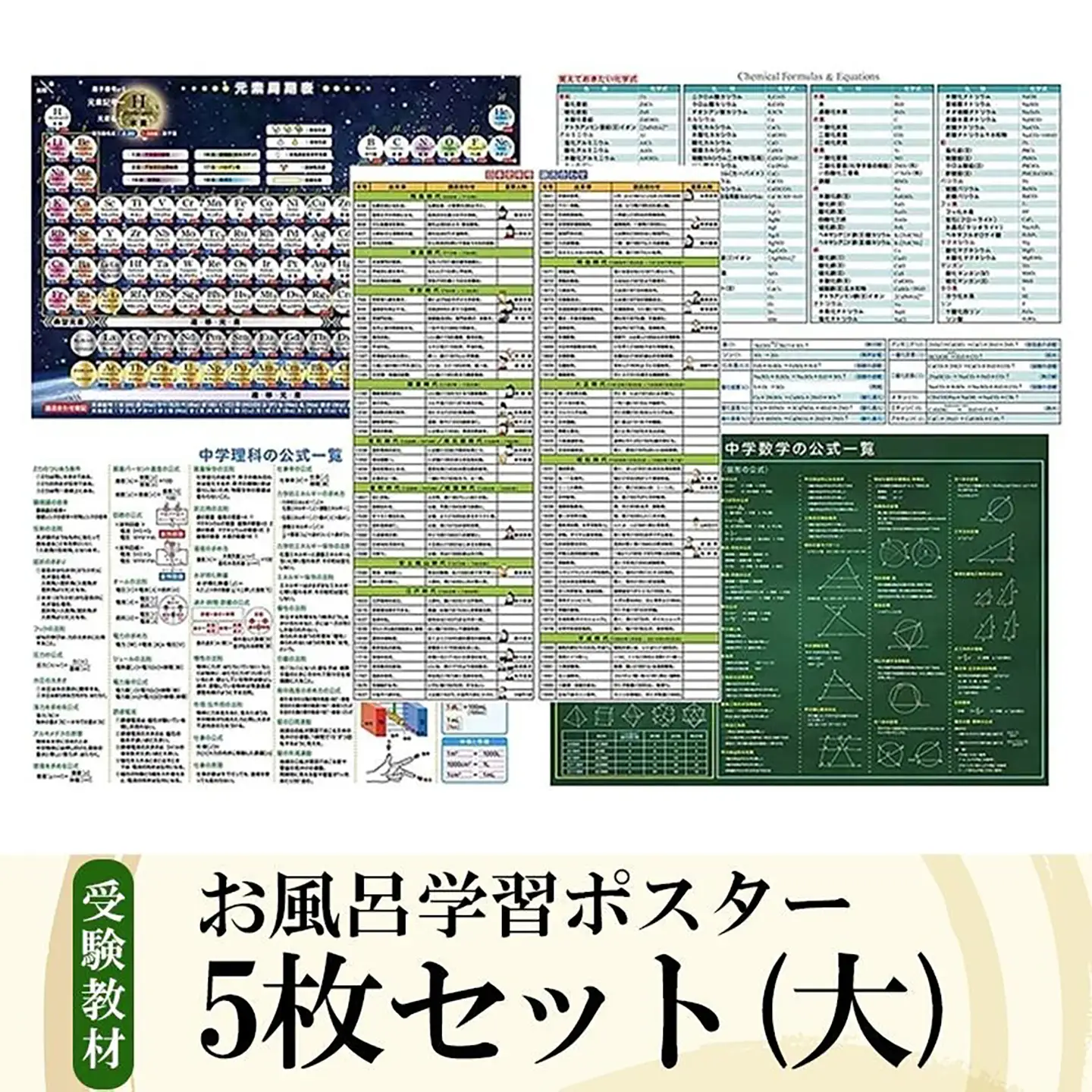 お風呂学習ポスター 受験教材 5枚セット(大) │ 学習ポスター お風呂 教材 ツール 高校受験 暗記 記憶 視覚 勉強 学習 受験 テスト 試験 中学生 理科 国語 数学 歴史 英語 5教科 フライング・エッグ 人気 おすすめ