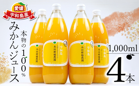 みかんジュース 本物の100％みかんジュース 1,000ml × 4本 木田柑橘農園  H017-185001