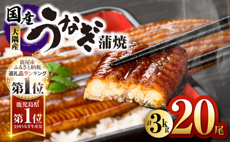 【 土用の丑の日特集 】727-1 鹿児島県大隅産 うなぎ蒲焼 20尾（3kg） KN007-020 うなぎ 鰻 魚 惣菜 総菜