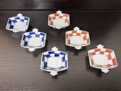 伊万里焼 市松コヅチ豆鉢（青・赤）６個セット 165-H1066