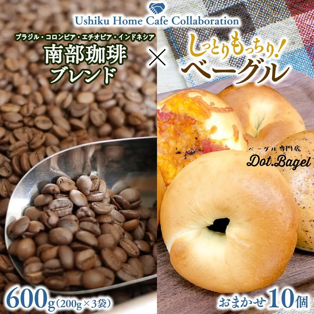 【牛久市限定コラボ】 南部珈琲 ブレンド 200g × 3袋 ＆ Dot.Bagel おまかせ ベーグル 10個 コーヒー豆 600ｇ