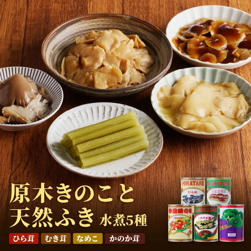 大江町柳川産 原木きのこ天然ふき水煮セット5種1080g(固形量） 014-001
