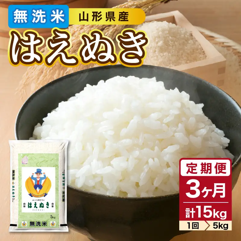  《3ヶ月定期便》山形県産 無洗米 令和7年産 はえぬき 5kg×3ヶ月(計15kg)【山形県産 BG精米製法】 036-T02