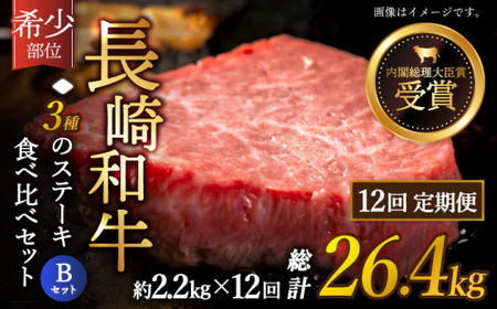 【全12回定期便】「希少部位 たっぷり 食べ比べ 」長崎和牛 贅沢3種の ステーキ Bセット 計26.4kg (約2.2kg/回)【黒牛】[QBD067]