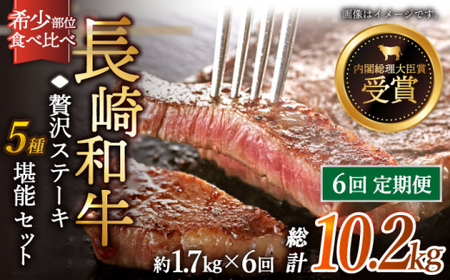 【全6回定期便】「希少部位 食べ比べ 」長崎和牛 贅沢 ステーキ 5種 堪能セット 計10.2kg (約1.7kg/回)【黒牛】[QBD069]