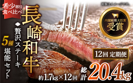 【全12回定期便】「希少部位 食べ比べ 」長崎和牛 贅沢 ステーキ 5種 堪能セット 計20.4kg (約1.7kg/回)【黒牛】[QBD070]