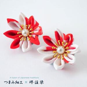 花舞うイヤリング「つまみ細工×堺注染」（赤）