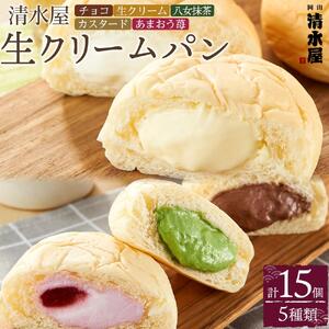 ＜究極のふわとろ食感＞清水屋 生 クリームパン  15個 5種（カスタード・生クリーム・チョコ・あまおう苺・八女抹茶  | クリームパン