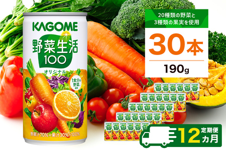 【定期便12ヵ月】カゴメ　野菜生活100　オリジナル　190g缶×30本 1ケース 毎月届く 12ヵ月 12回コース【 栃木県 那須塩原市 】 ns001-016