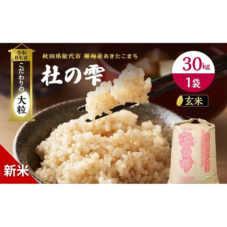 新米 先行予約 令和8年産[玄米]秋田県産 あきたこまち 30kg「杜の雫」こだわりの大粒 種梅産【 お米 たねうめ 玄米 精米 ご飯 ブランド米 大粒 おにぎり 産地直送 おこめ ごはん 】