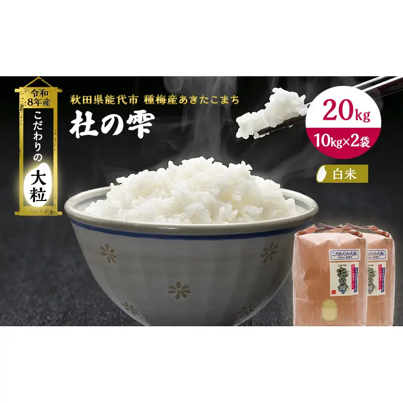 新米 先行予約 令和8年産【白米】秋田県産 あきたこまち 20kg(10kg×2)「杜の雫」こだわりの大粒 種梅産【 お米 たねうめ 白米 精米 ご飯 ブランド米 大粒 おにぎり 産地直送 おこめ ごはん 】