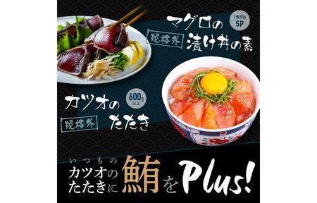 【訳あり】規格外カツオたたき 約600g＋マグロ漬け丼の素 約80g×5パック 【興洋フリーズ株式会社】 [ATBX044] 訳あり 不揃い 規格外 支援 支援品