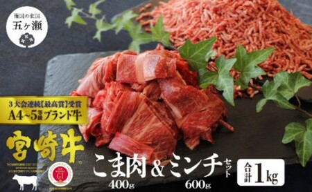 宮崎牛　こま肉＆ミンチセット＜合計１㎏＞（こま肉４００ｇ・ミンチ６００ｇ）