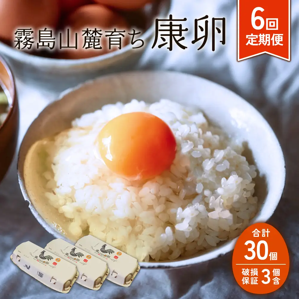 卵【6回定期便】霧島山麓育ち こだわり卵 康卵 計 30個（27個 + 割れ保証 3個）6回 計 180個（162個 + 割れ保証 18個）たまご 玉子 卵焼き 玉子焼き たまご焼き 生卵 鶏卵 たまごかけごはん 国産 九州産 宮崎県産 送料無料