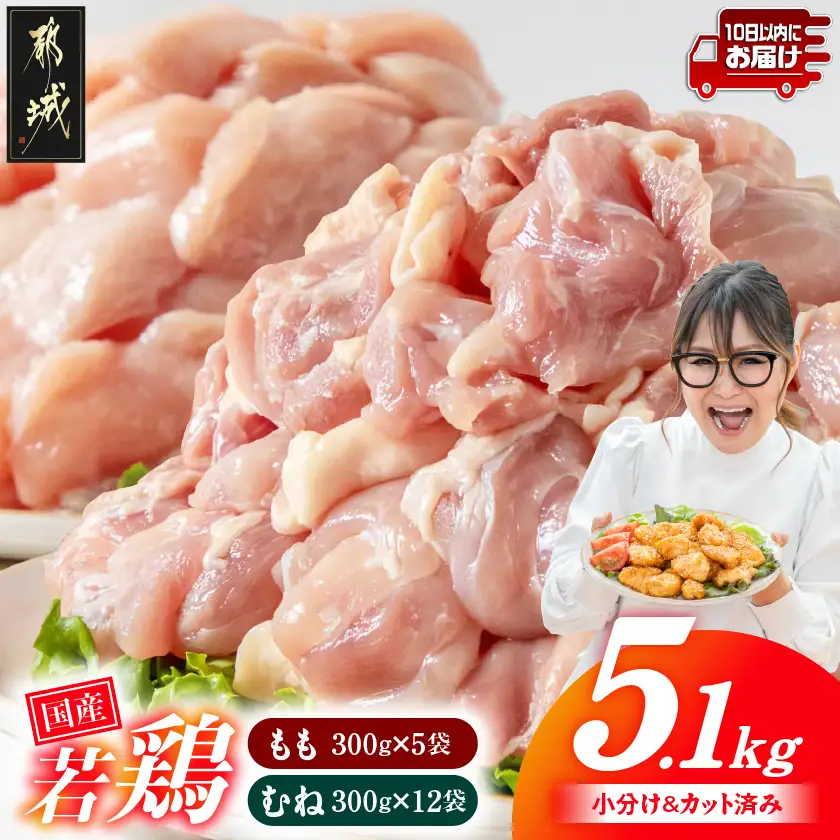 国産若鶏5.1kg 小分けパック!カット済み!(もも300g×5P・むね皮なし300g×12P)≪みやこんじょ特急便≫〔MJE-33-007-N5100g-Q〕_(都城市) もも肉 皮なしむね肉 カット済 鶏肉 小分け 若鶏 宮崎 冷凍