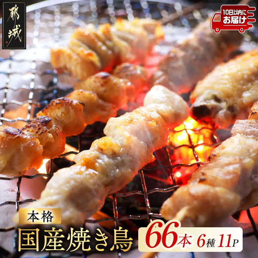 職人串打ちの本格焼き鳥66本!!≪みやこんじょ特急便≫ 〔MJE-33-014-66-Q〕_(都城市) 焼鳥串 生冷凍串 冷凍生肉 もも 皮 手羽 小肉 砂肝 ぼんじり ねぎま ハラミ ささみ せせり つくね ふりそで 6本入り 11P 計2.1kg BBQ 鶏肉 国産 小分け