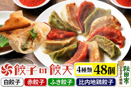 餃天の4種餃子 48個詰合せ 餃子の餃天  (白餃子 赤餃子 ふき餃子 比内地鶏餃子) 化学調味料無添加