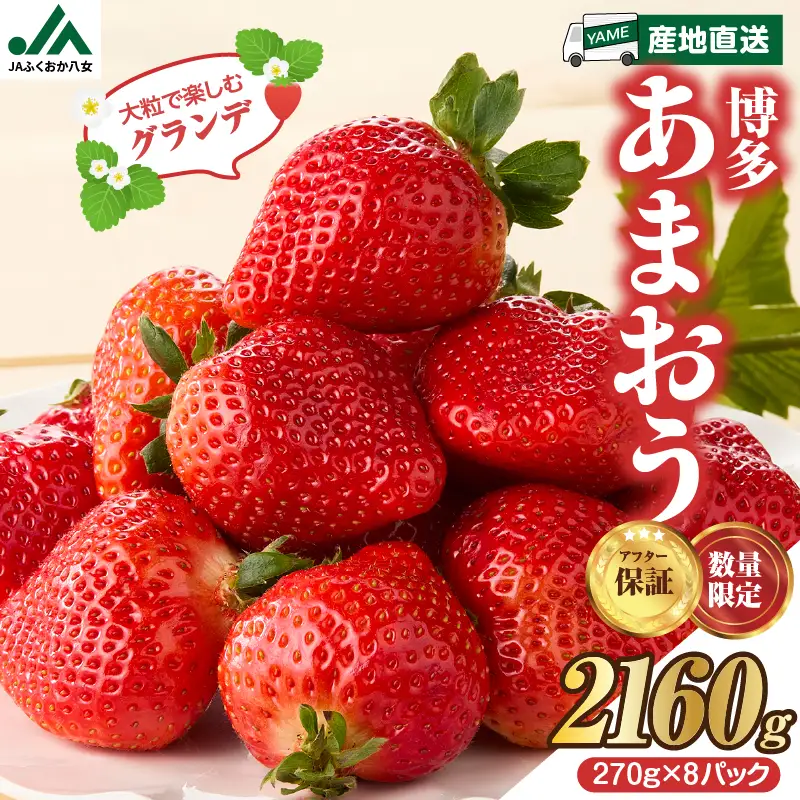 【先行受付：2027年2月発送開始】博多あまおうＧ270g×8パック｜JAふくおか八女 あまおう いちご 苺 イチゴ フルーツ 果物 くだもの 人気 旬 福岡県産 大粒 アフター補償 数量限定 期間限定 産地直送 グランデ 福岡県 八女市 002-023