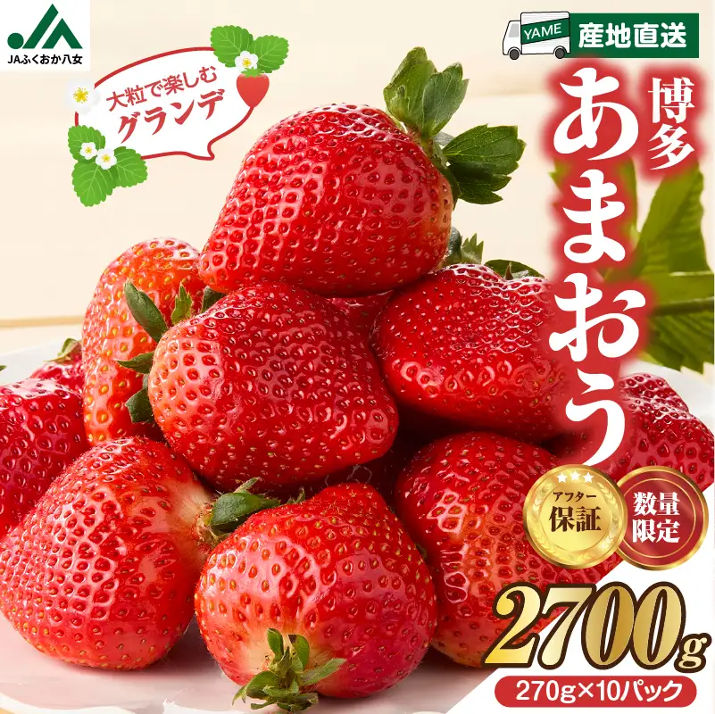 【先行受付：2027年2月発送開始】博多あまおうＧ270g×10パック｜JAふくおか八女 あまおう いちご 苺 イチゴ フルーツ 果物 くだもの 人気 旬 福岡県産 大粒 アフター補償 数量限定 期間限定 産地直送 グランデ 福岡県 八女市 002-024