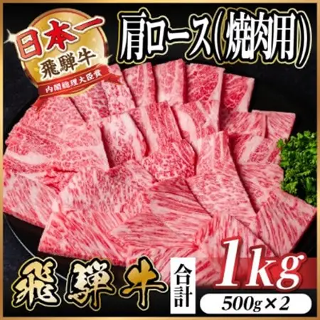 飛騨牛　厳選肩ロース(焼肉・BBQ用) 1kg(500g×2)　黒毛和牛　小分け_肉 焼肉 牛肉 やきにく ヤキニク バーベキュー  肉 飛騨牛 牛肉 うし ビーフ_【配送不可地域：離島】【1487296】